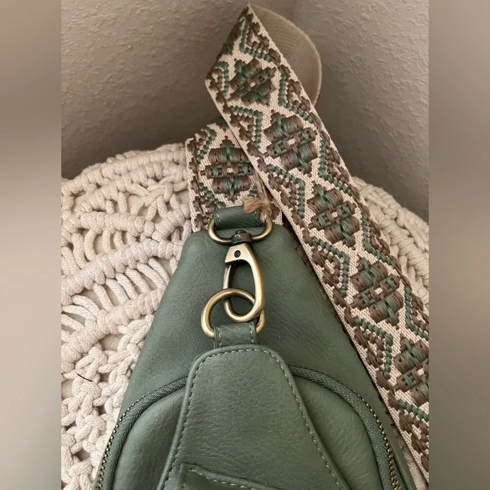 New Sage Green Sling Bag with Patterned Strap - Picture 3 of 7